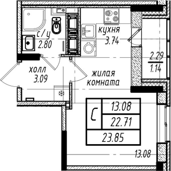 Квартира студия 23.85 м², 12/16 эт., ЖК «Северная Долина»